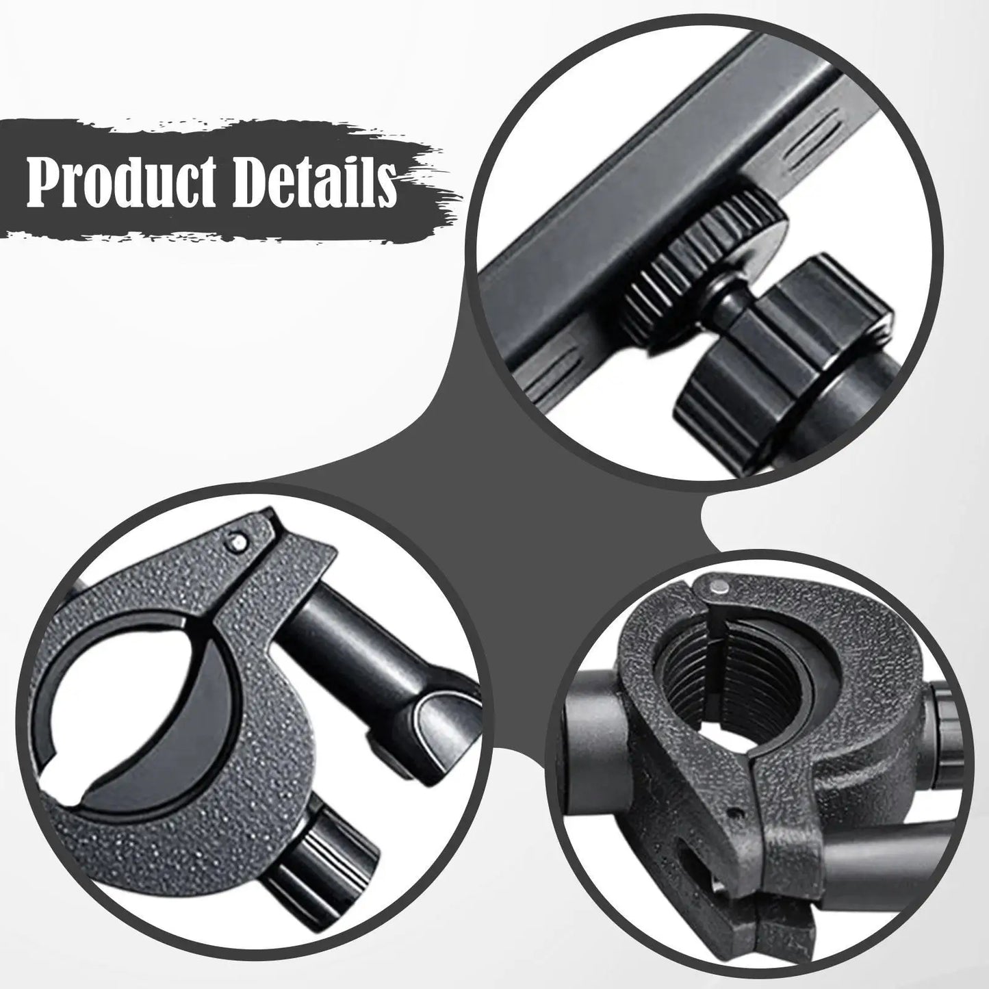 Black plastic marching band music lyre phone holder mount trumpet with textured grip and adjustable clamp mechanism