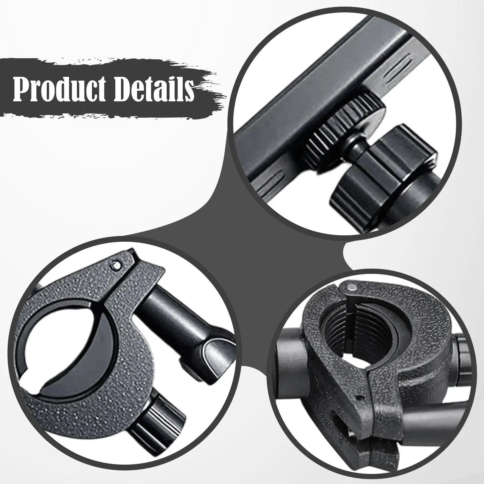 Black plastic marching band music lyre phone holder mount trumpet with textured grip and adjustable clamp mechanism