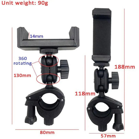 Black plastic marching band music lyre phone holder with 360-degree rotating joint and adjustable clamp for instruments