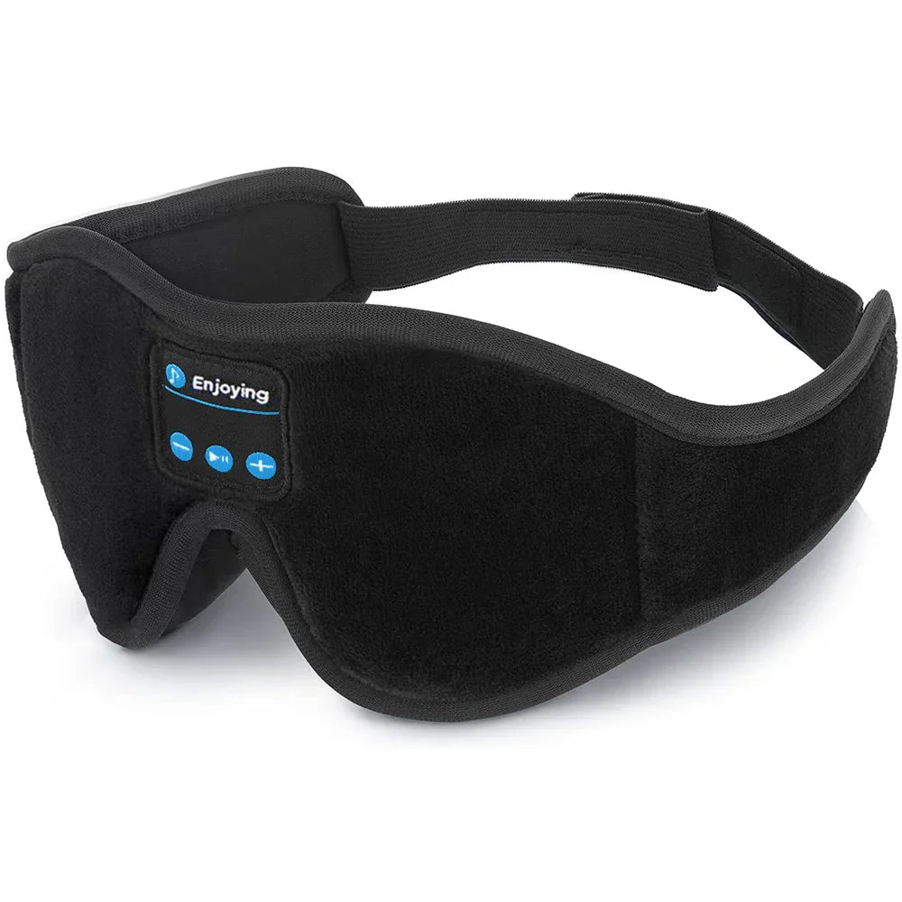Black plush eye mask music with built-in bluetooth controls and enjoying logo for play sleeping headphones