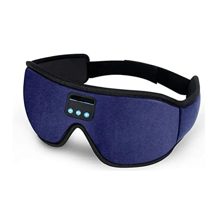 Blue fabric eye mask with black trim and control panel featuring three blue indicator lights for sleep headphones bluetooth use