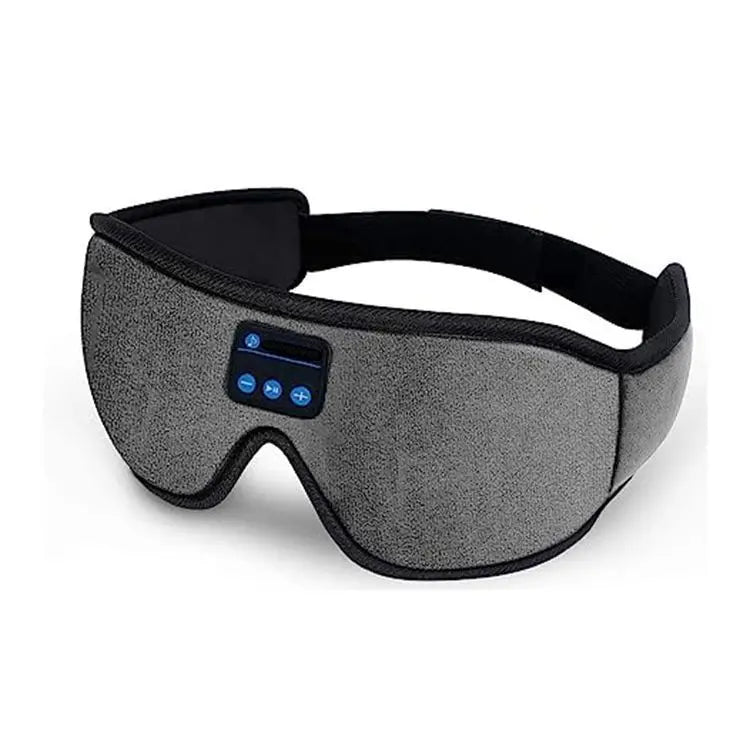 Gray fabric eye mask with black trim and built-in control panel featuring blue buttons for sleep headphones bluetooth use