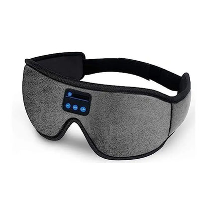 Gray fabric eye mask with black trim and built-in control panel featuring blue buttons for sleep headphones bluetooth use