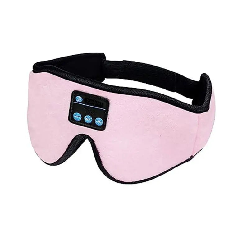 Pink fabric eye mask with black trim and built-in control panel with blue buttons for sleep headphones bluetooth use