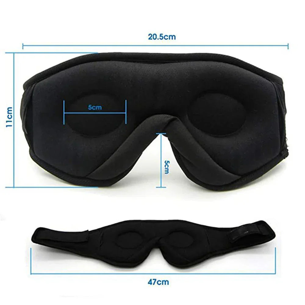 Black silicone eye mask with padded contours and adjustable strap featuring sleep headphones bluetooth for music play