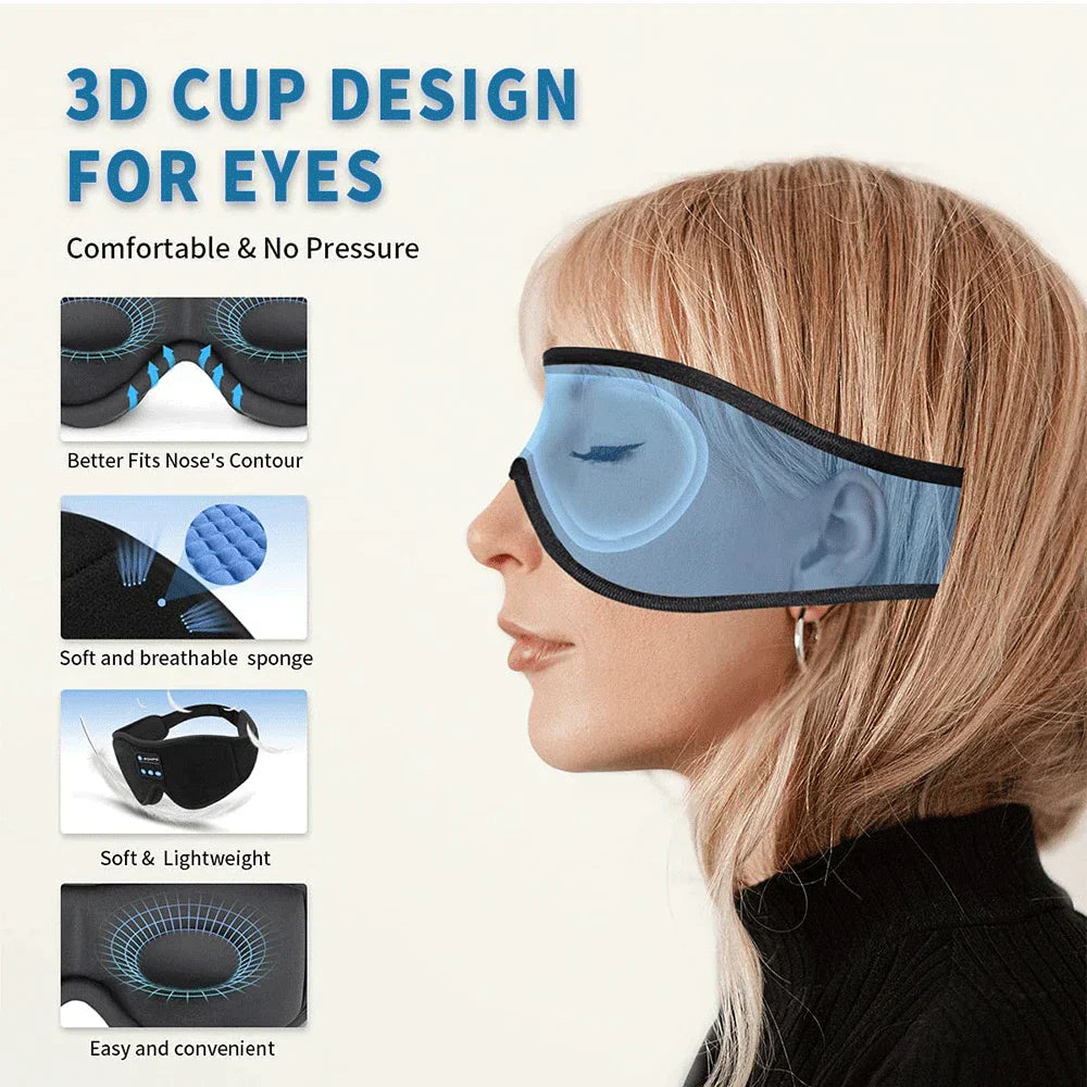 Blue 3d eye mask with black elastic band and sponge padding featuring built-in hd speaker for sleep headphones bluetooth use