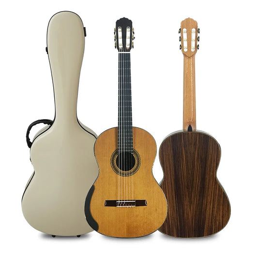 Beige hardshell guitar case beside two classical guitars featuring master level aiersi lattice bracing and raised fretboard