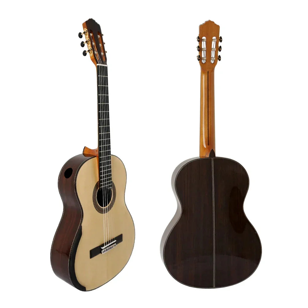 Master level aiersi classical guitar with light natural wood body dark brown back black fretboard and gold tuning pegs