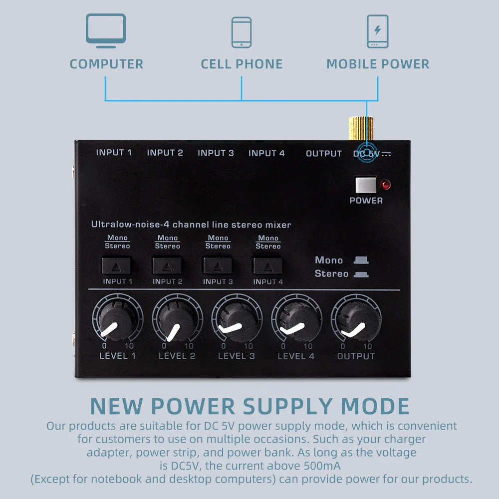 Black max400 audio mixer ultralow noise 4-channel stereo mixer with gold-plated dc5v input and five rotary knobs for electric guitar drum