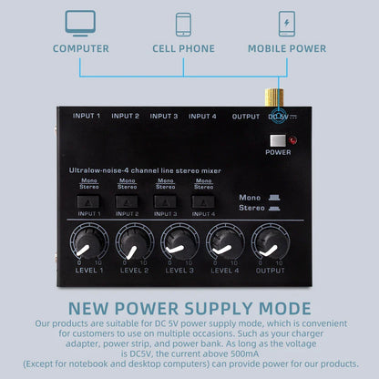 Black max400 audio mixer ultralow noise 4-channel stereo mixer with gold-plated dc5v input and five rotary knobs for electric guitar drum