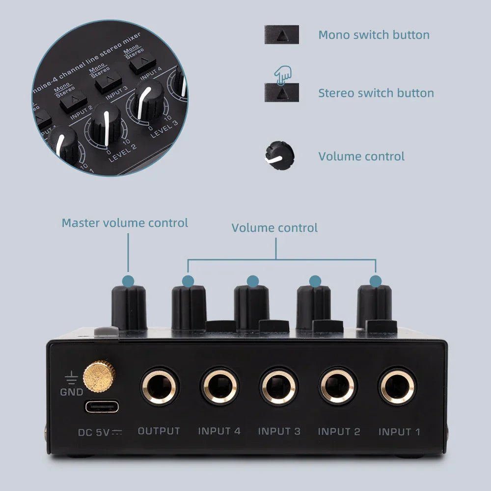 Black max400 audio mixer ultralow noise 4 channel stereo mixer with gold ports and knobs for electric guitar drum use