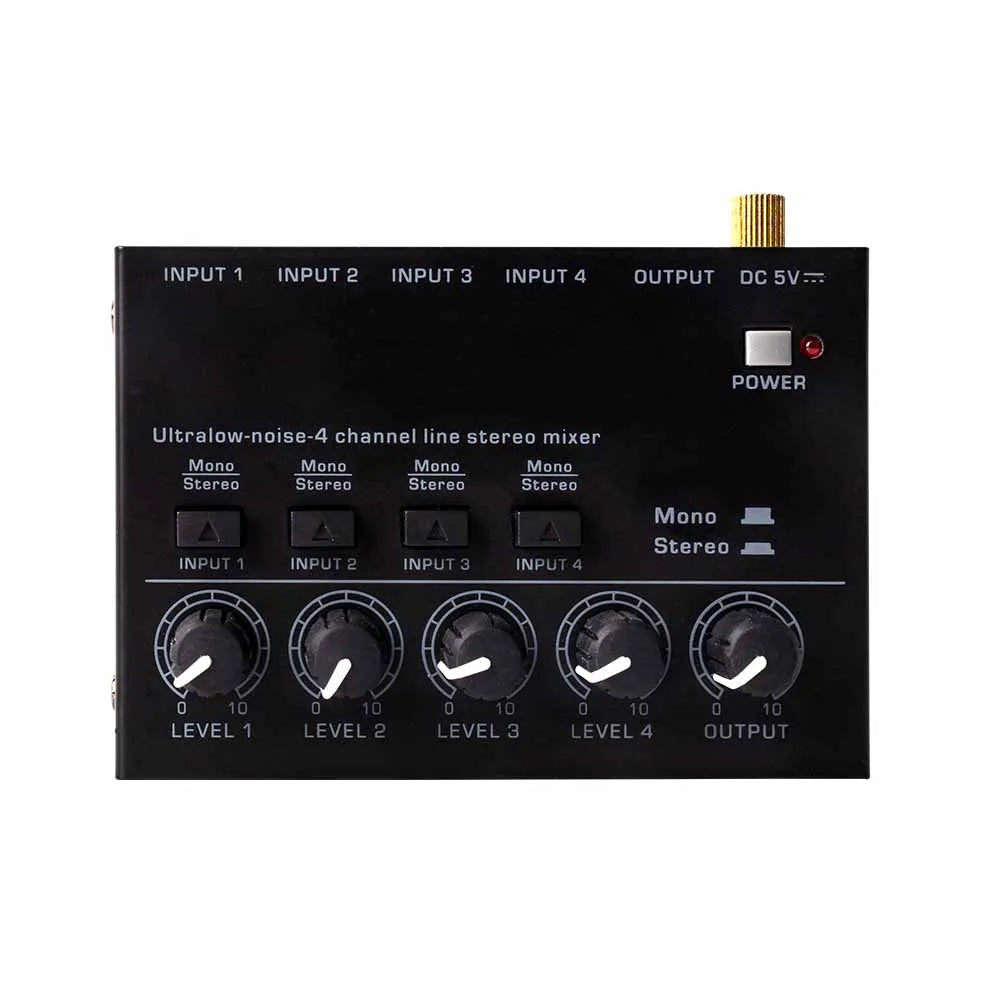 Black max400 audio mixer ultralow-noise 4-channel stereo mixer with gold dc power input and white-labeled level knobs for electric guitar drum