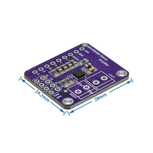 Purple max98360 stereo amplifier breakout board with silver solder pads and labeled points for music volume control diy kit