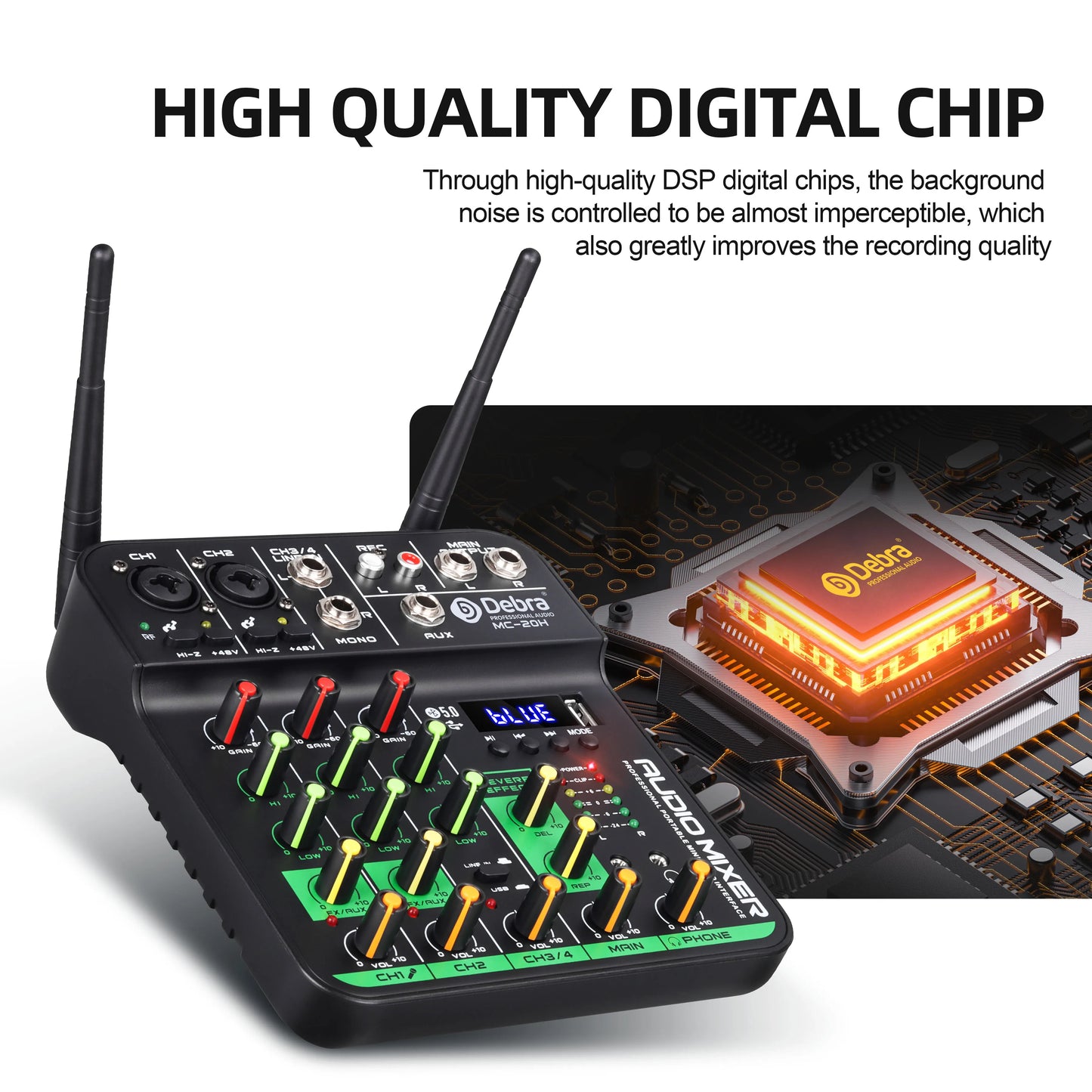 Black debra mc-804 audio mixer with green and yellow knobs red input indicators and two antennas for bands webcasts karaoke signal-to-noise ratio dsp chip frequency