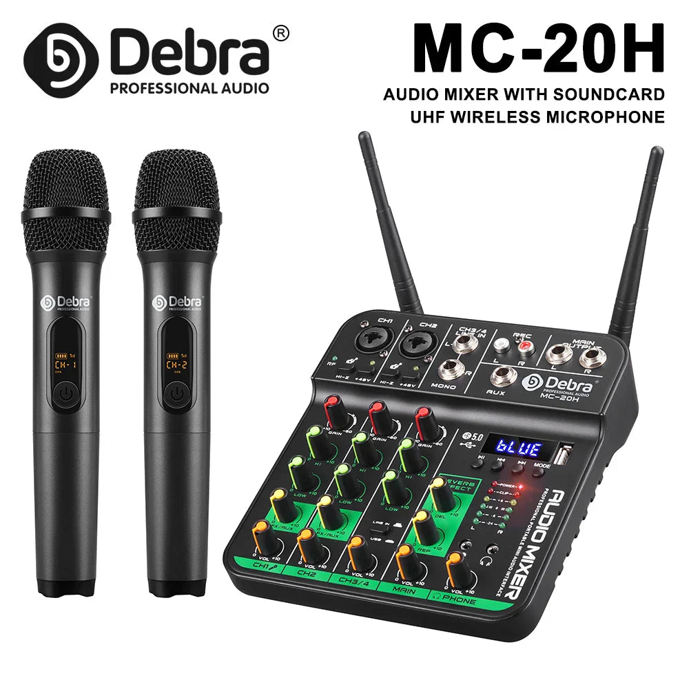 Black debra mc-20h uhf 4-channel audio mixer with dsp chip frequency, dual wireless microphones for bands webcasts karaoke