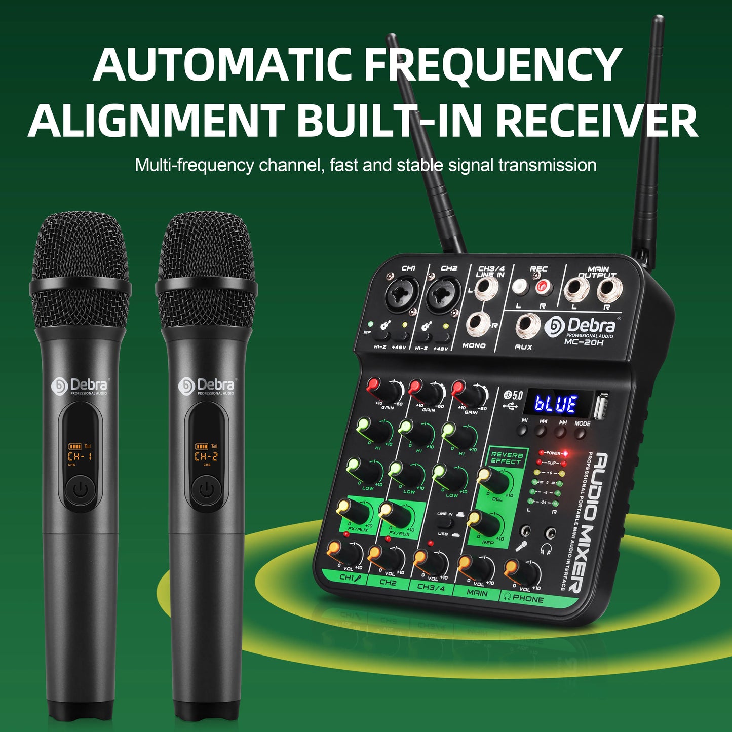 Black debra mc-20h wireless microphone system with dual mics and green knob mixer featuring dsp chip frequency for bands webcasts karaoke
