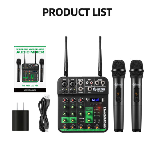 Black and green debra mc-20h wireless audio mixer with dsp chip frequency and bluetooth for bands webcasts karaoke