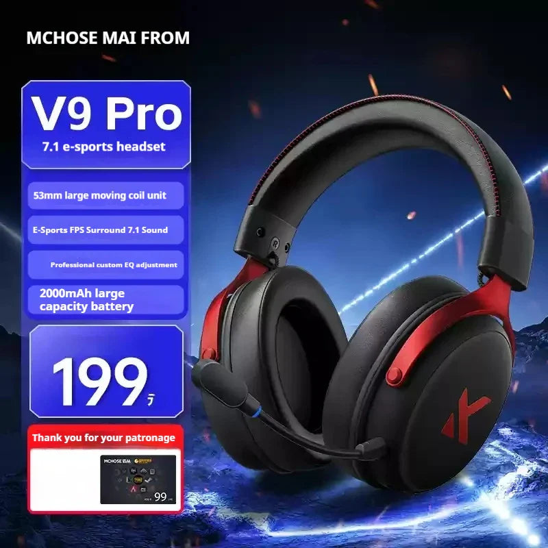 Black and red mchose v9 pro wireless bluetooth headset with padded earcups low delay three microphone noise reduction and game dynamic sound