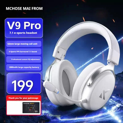 White mchose v9 pro wireless Bluetooth headset with silver accents low delay three mode microphone for game dynamic sound