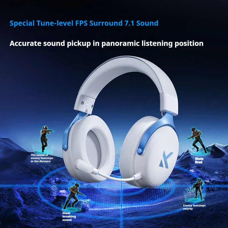 White and light blue mchose v9 pro wireless bluetooth headset with padded earcups low delay three mode microphone and game dynamic sound