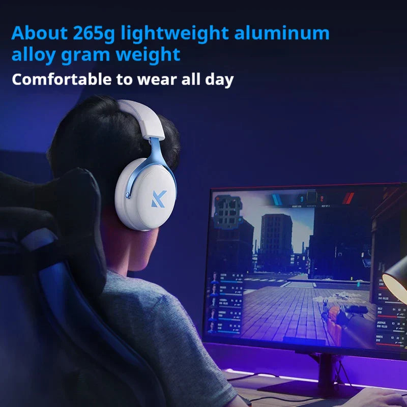White and light blue mchose v9 pro wireless gaming headphones with aluminum alloy design and low delay three microphone noise reduction