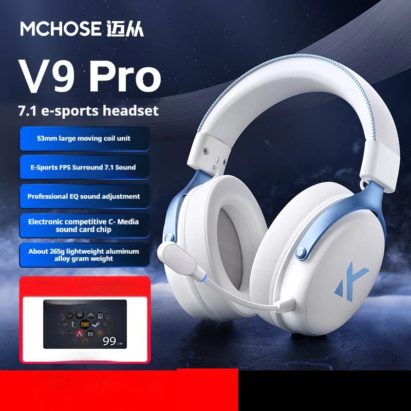 White and blue mchose v9 pro wireless bluetooth headset with low delay three noise reduction and game dynamic sound