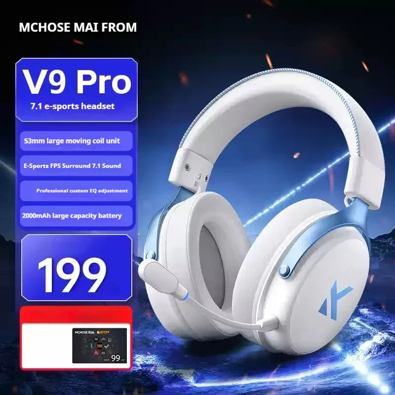 White and light blue mchose v9 pro wireless gaming headset with low delay three mode microphone and game dynamic sound