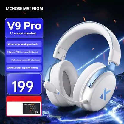 White and light blue mchose v9 pro wireless gaming headset with low delay three mode microphone and game dynamic sound