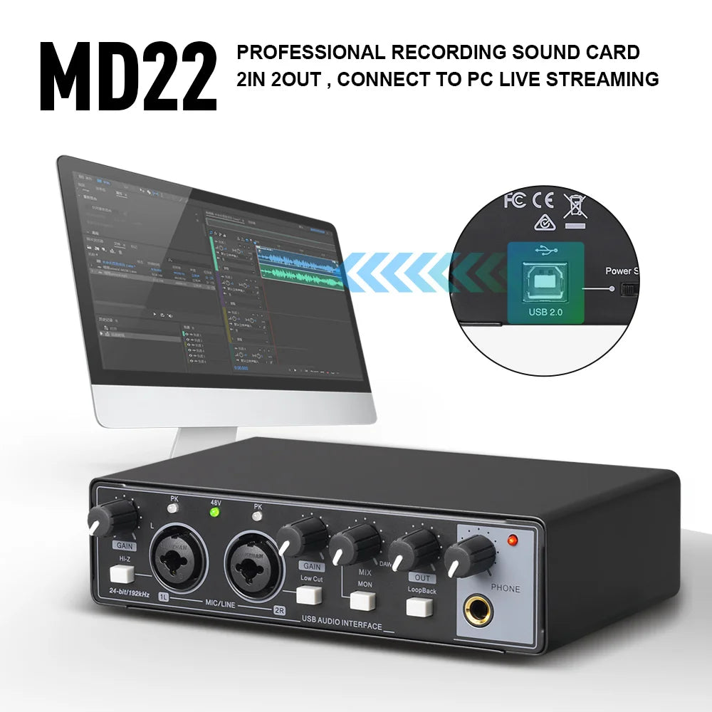 Black md22 professional audio sound card with 2-in 2-out usb interface and control knobs for electric guitar recording studio live streaming