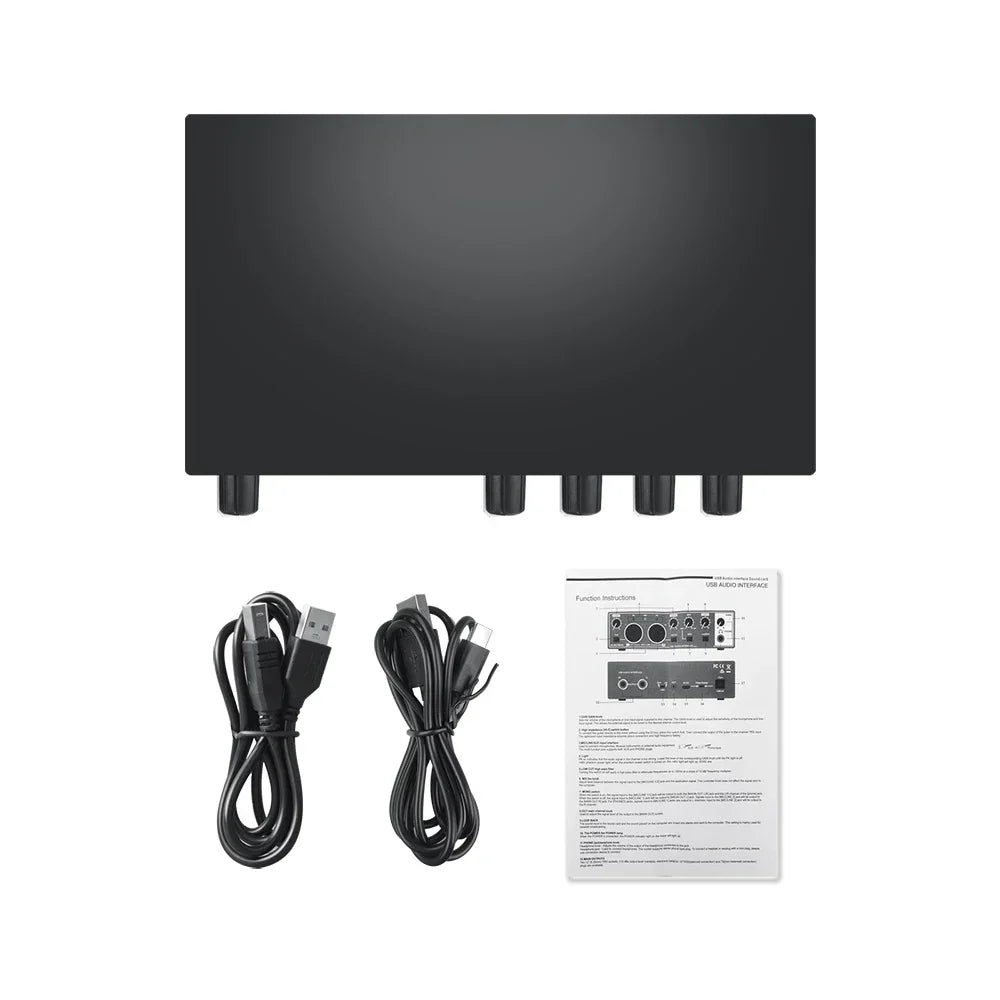 Black rectangular md22 professional audio interface with five input jacks and matte finish for electric guitar recording studio live streaming