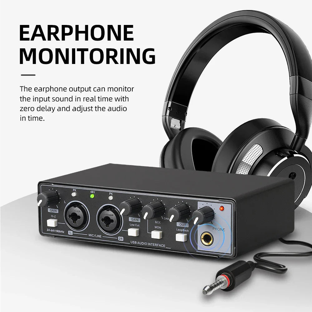 Black md22 professional audio sound card monitor with multiple ports and knobs for electric guitar recording and studio live streaming