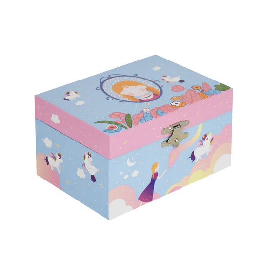 Pastel blue and pink mdf material music box jewelry storage box with unicorn and princess illustrations holiday gift desktop