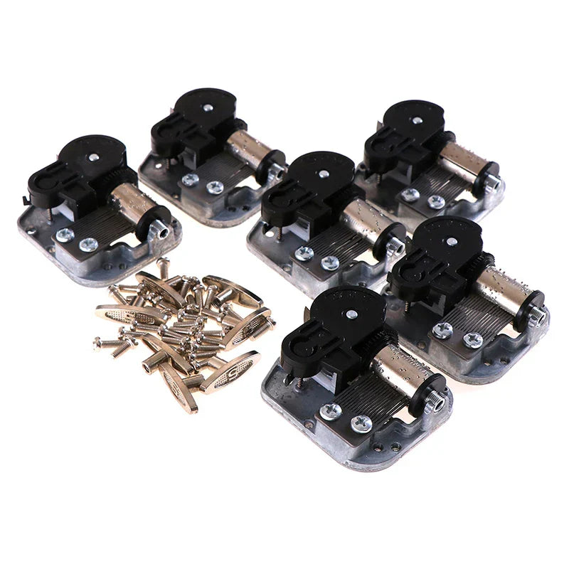 Set of five black and silver mechanical diy windup music box sankyo movements with brass tuning pins and screws