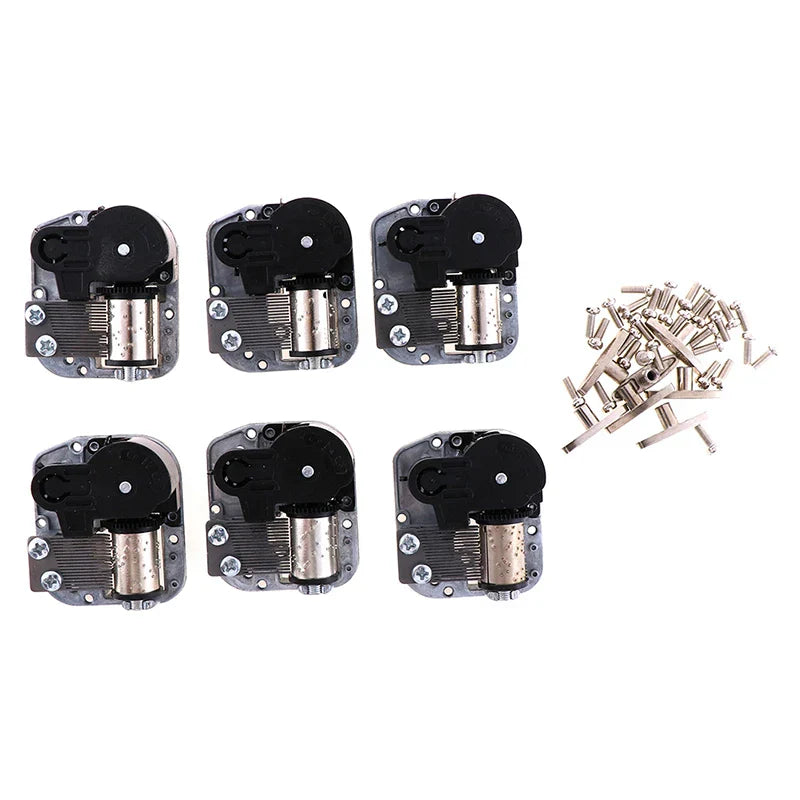 Set of five black and silver mechanical diy windup music box sankyo movements with screws and metal parts for assembly