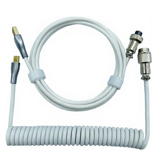 White mechanical keyboard aviator coiled cable with silver metallic aviator connectors and gold-plated usb type-c ends