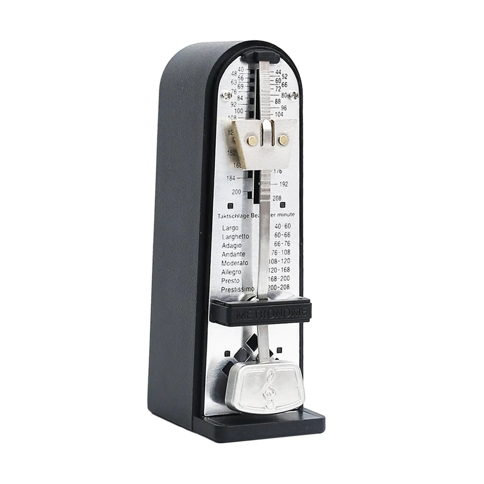 Black mechanical metronome with silver accents and clear glass front offers accurate track beat tempo and loud sound for music instruments