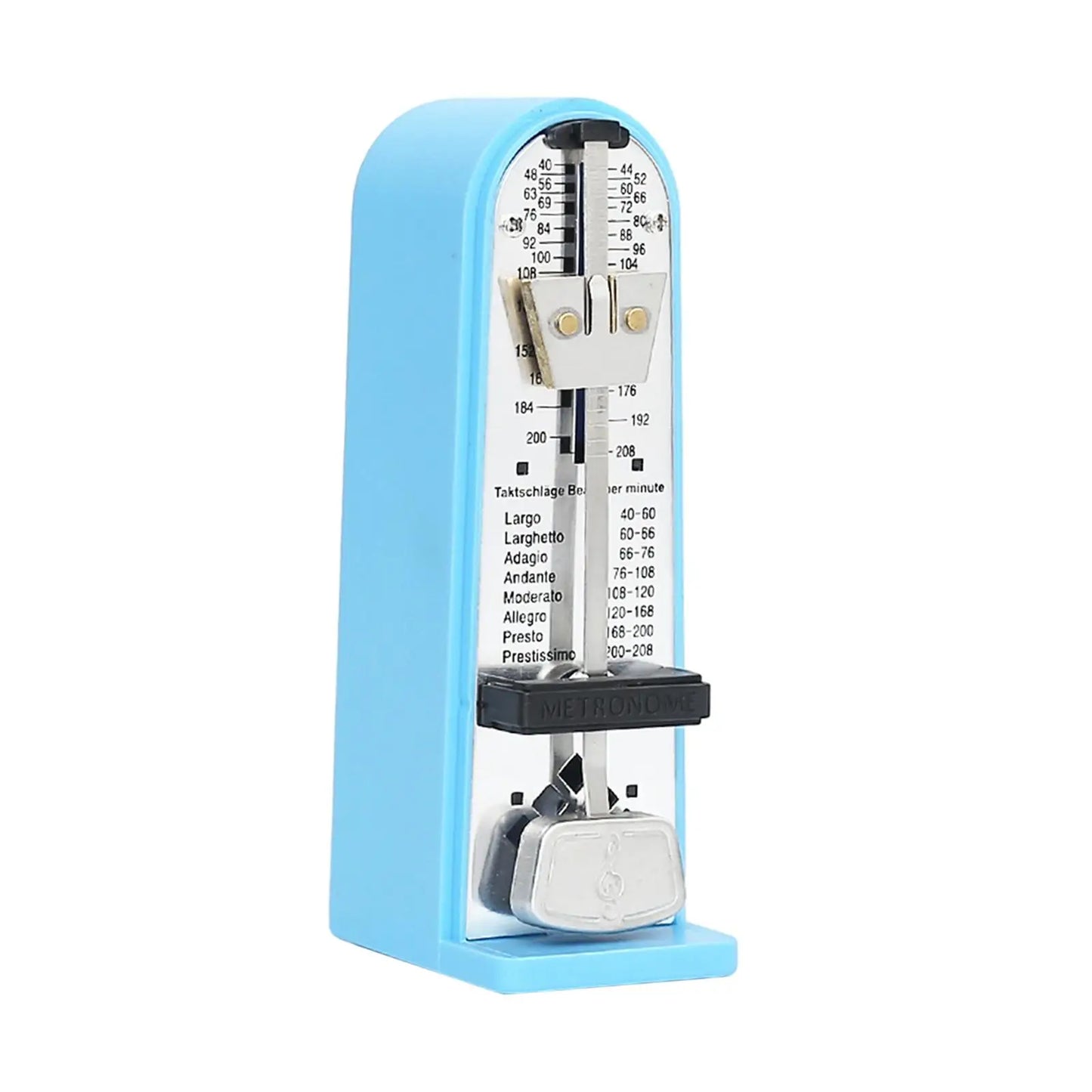 Light blue plastic mechanical metronome accurate with silver pendulum and black accents for track beat tempo loud use