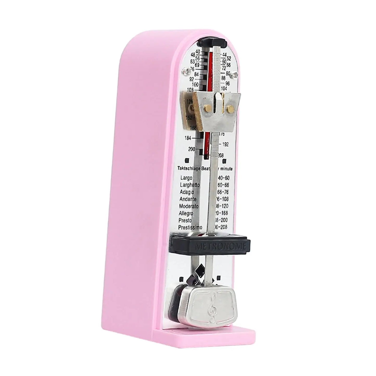 Pink plastic mechanical metronome with silver pendulum and black accents designed to track beat tempo loud universal use