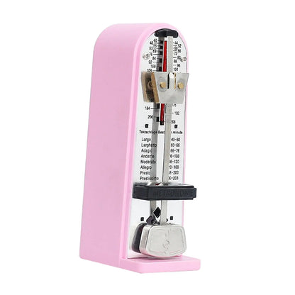 Pink plastic mechanical metronome with silver pendulum and black accents designed to track beat tempo loud universal use