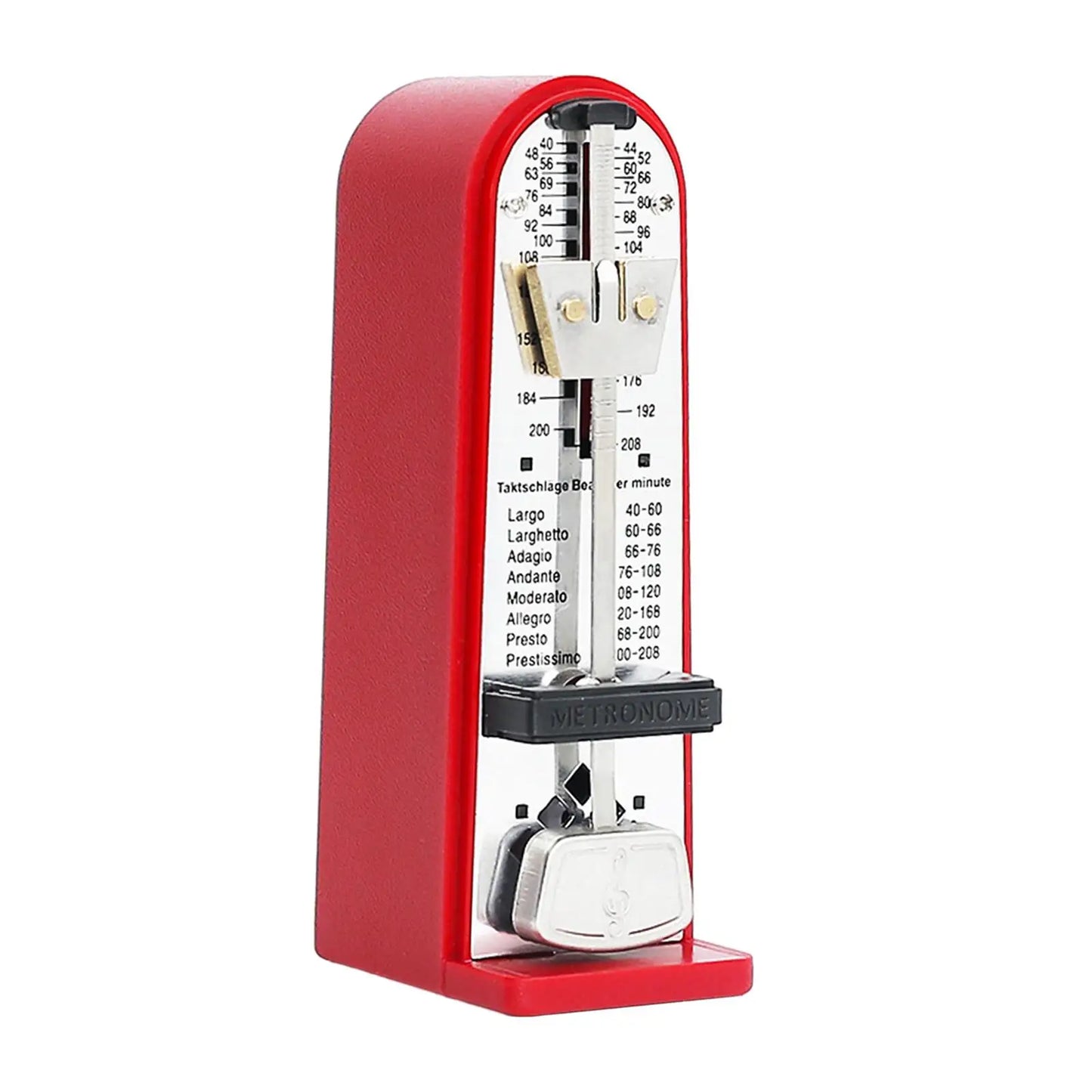 Red mechanical metronome with silver pendulum and black tempo markings for accurate track beat and universal loud use