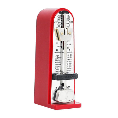 Red mechanical metronome with silver pendulum and black tempo markings for accurate track beat and universal loud use