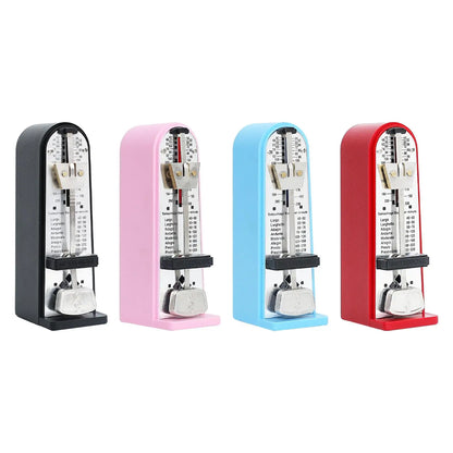 Four colorful mechanical metronomes in black pink blue and red with metallic accents for accurate track beat tempo