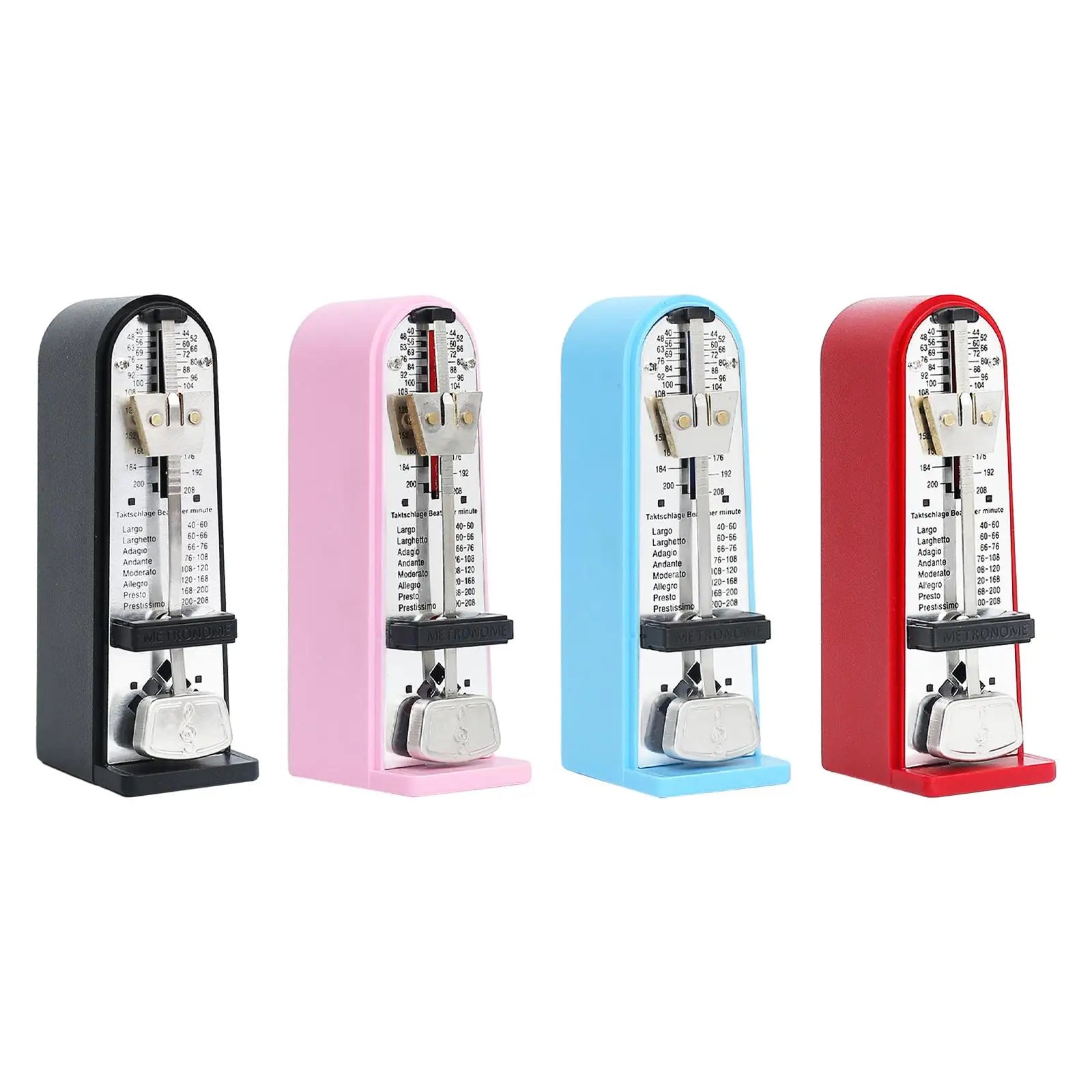 Four colorful mechanical metronomes in black pink blue and red with metallic accents for accurate track beat and universal use