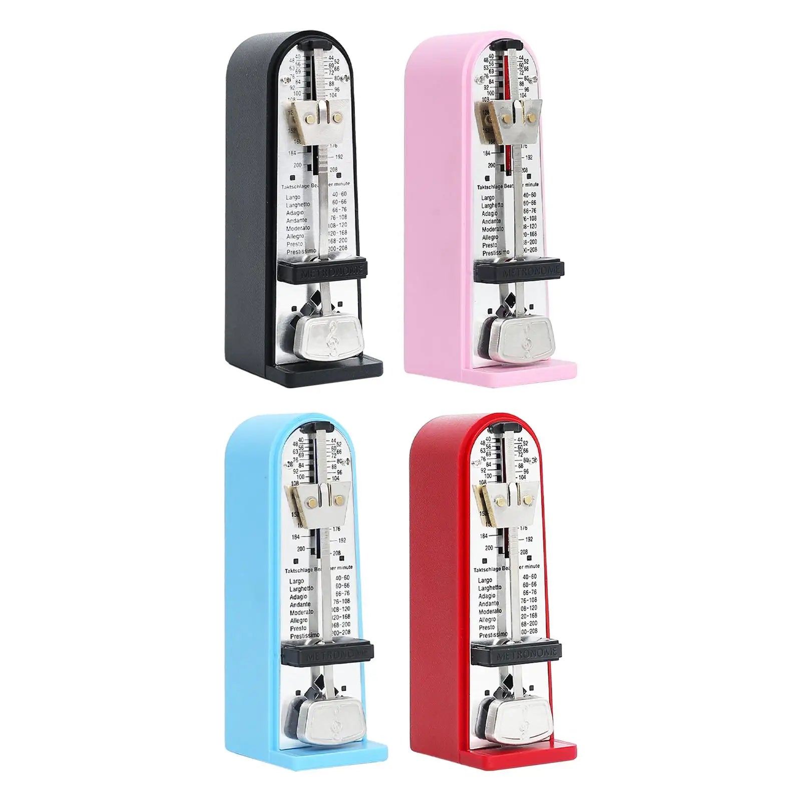 Four mechanical metronome accurate devices in black pink blue and red plastic with silver accents for universal use
