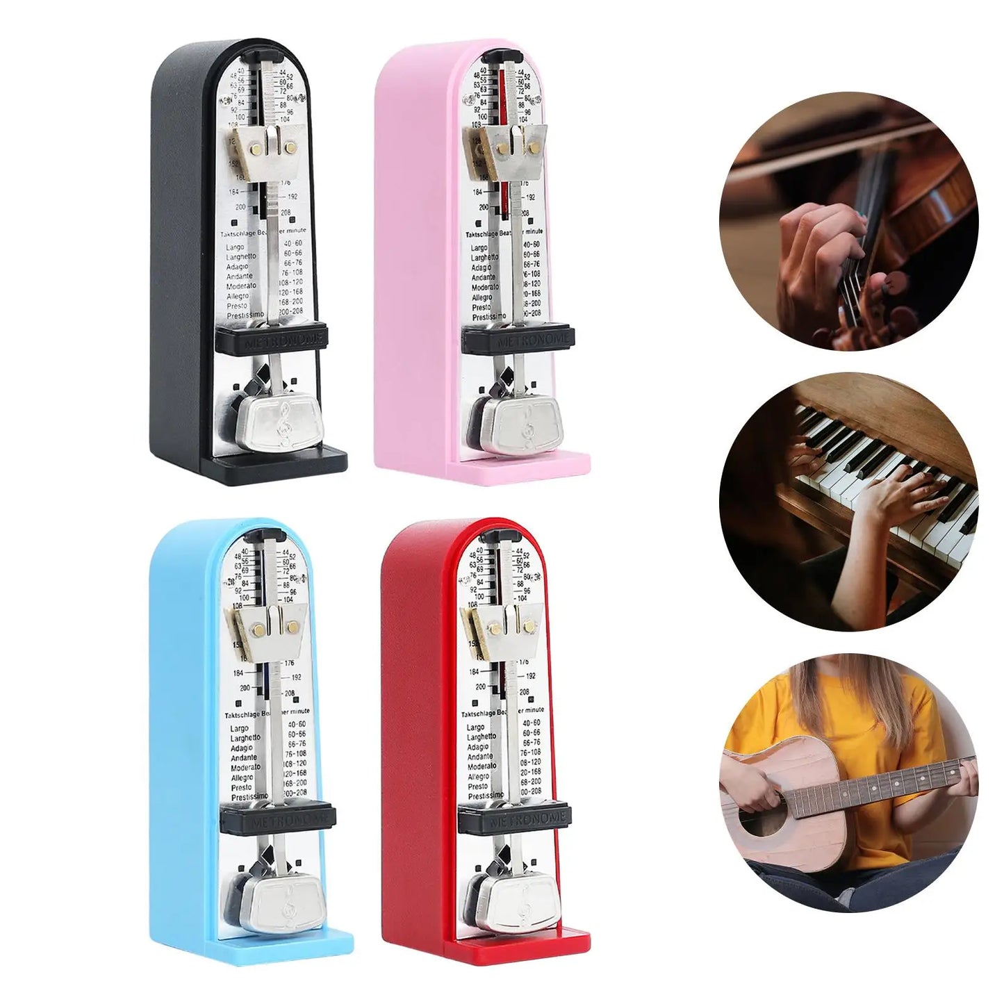 Four mechanical metronomes in black pink blue and red plastic with silver pendulums for accurate track beat tempo use