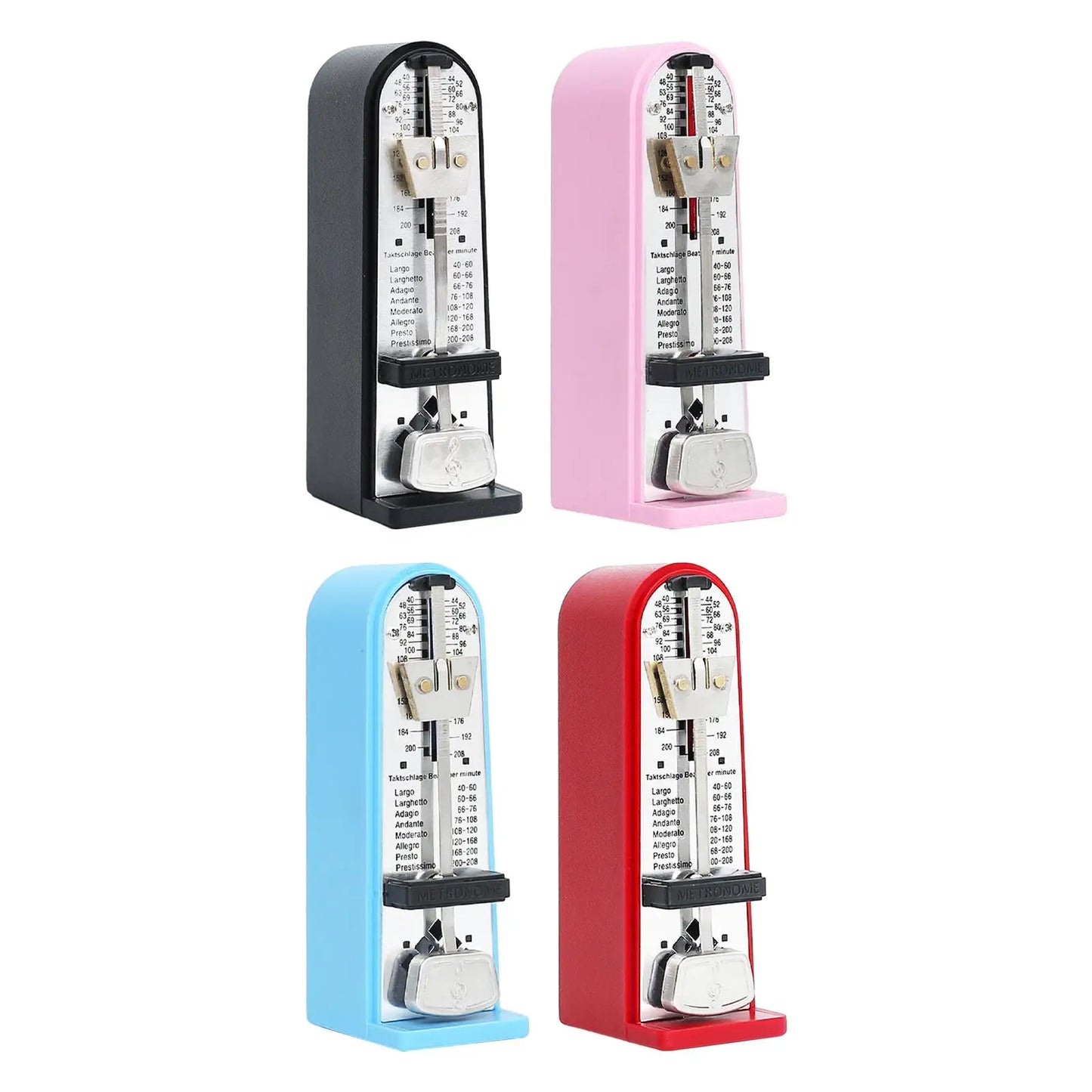 Four mechanical metronomes in black pink blue and red plastic with silver accents for accurate track beat tempo use