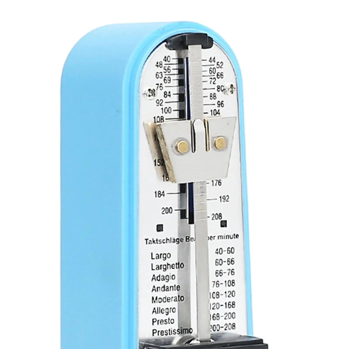 Light blue plastic mechanical metronome with silver mechanism and black tempo markings to track beat tempo accurately