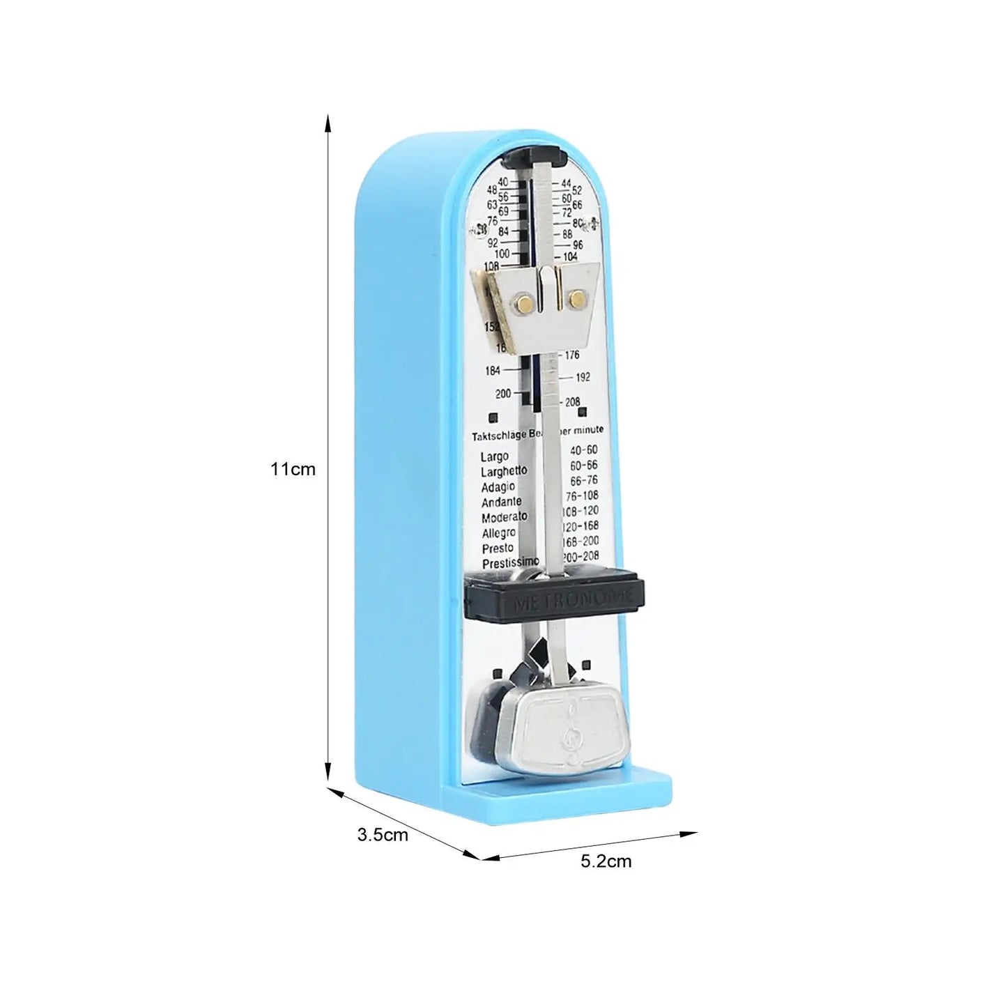 Light blue plastic mechanical metronome with silver pendulum and black base for accurate track beat tempo and universal use