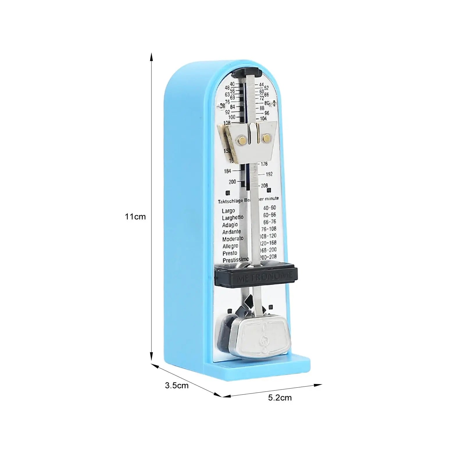 Light blue plastic mechanical metronome with silver pendulum and black base for accurate track beat tempo and universal use