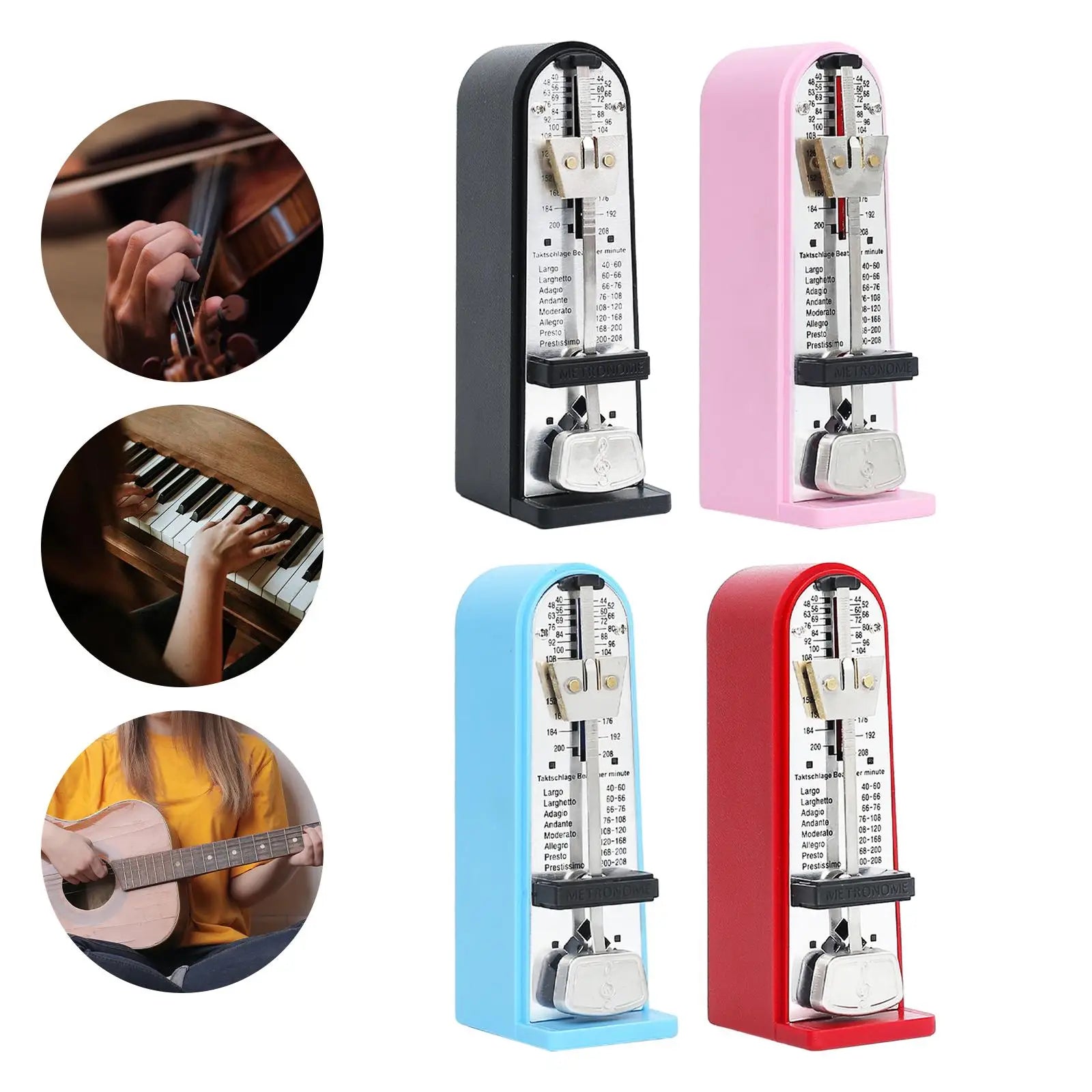A sleek mechanical metronome accurate with glossy finish metallic accents in black pink blue or red for universal use